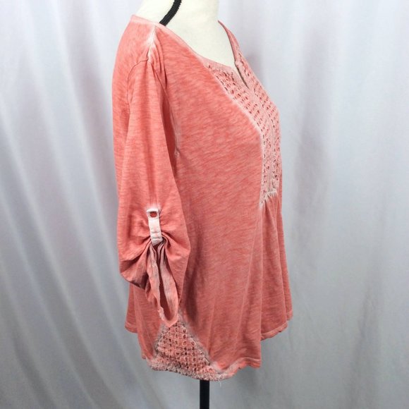 Womens Boho Peasant Top Size XL Jersey Knit Roll Tab Sleeves Lace - Picture 2 of 8